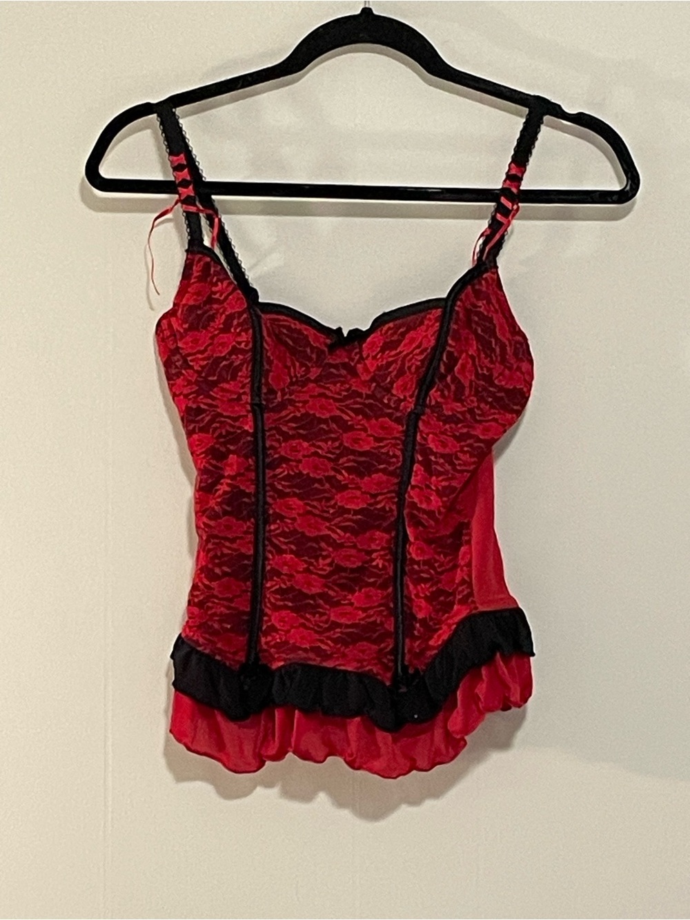 Red Lace Bustier Top with Black Trim - Women's. Item # 11749
